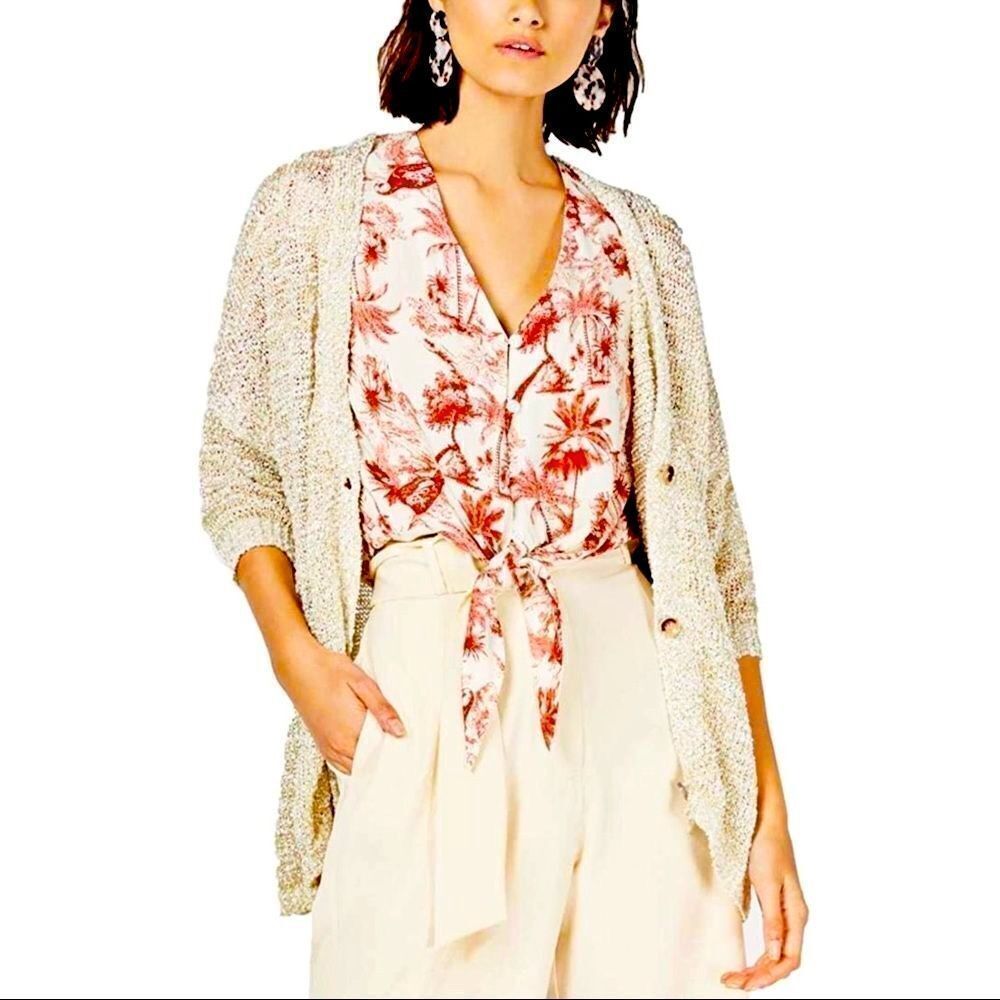 Gold Metallic Thread White  Button Down Jacquard Knit Cardigan - NEW